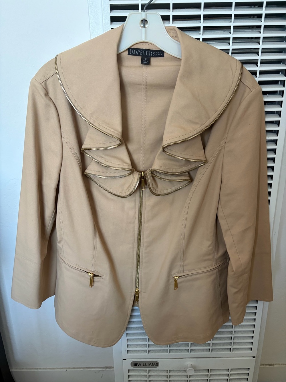 Lafayette 148 New York Tan Leather Ruffle Collar Zip Jacket